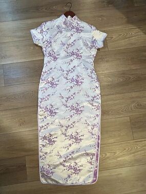 Laogudai Women’s Lavender Floral Satin Cheongsam Qipao Dress Mandarin Collar L